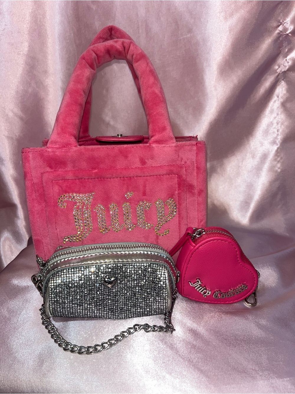 Juicy Couture Pink Velvet Tote with Sparkle & Heart Pouch